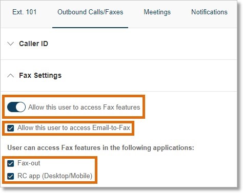 Check or uncheck the boxes next to Fax-Out and AT&T Office@Hand app (Desktop/Mobile) to let users access these features.