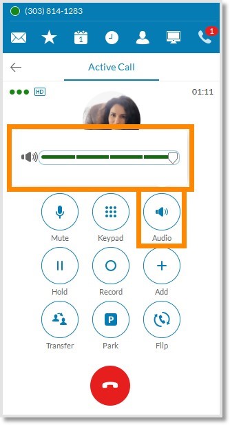 To control the volume of your local audio device from softphone UI in VDI, click Audio and slide the volume during a call.