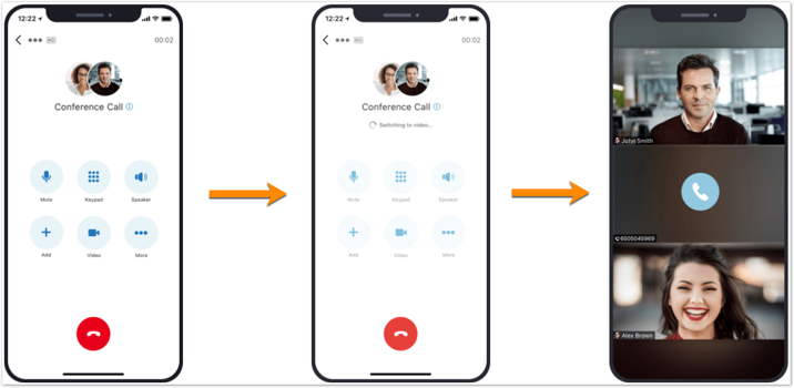 To start call to video with multiple participants in the AT&T Office@Hand Mobile, tap the Video button and then tap Switch to video call from the dropdown menu.