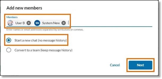 Select Start a new chat (no message history), then click Next.