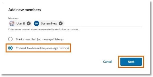 Select Convert to a team (keep message history), then click Next.