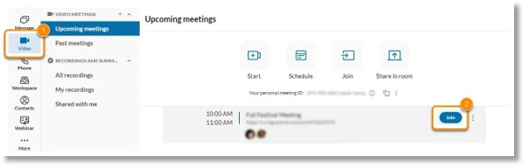 On the Upcoming meetings page, hover over a scheduled meeting and click Join.