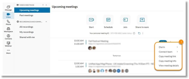 AT&T Office@Hand Video meeting invitations display your premium purchased phone numbers, along with the default AT&T Office@Hand Video meeting numbers and dial-in options.