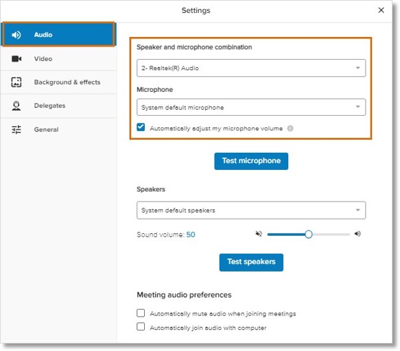 Use the dropdowns under Speaker and microphone combination, Microphone, and Speakers to select your preferred audio devices.