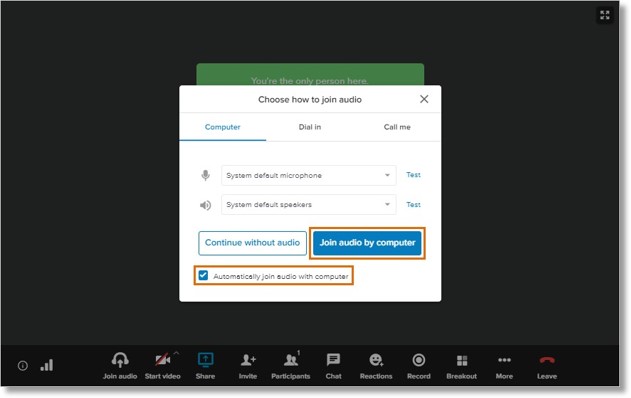 In the Choose how to join audio window, click the Automatically join audio with computer checkbox once you have selected your preferred mic and speaker options.
