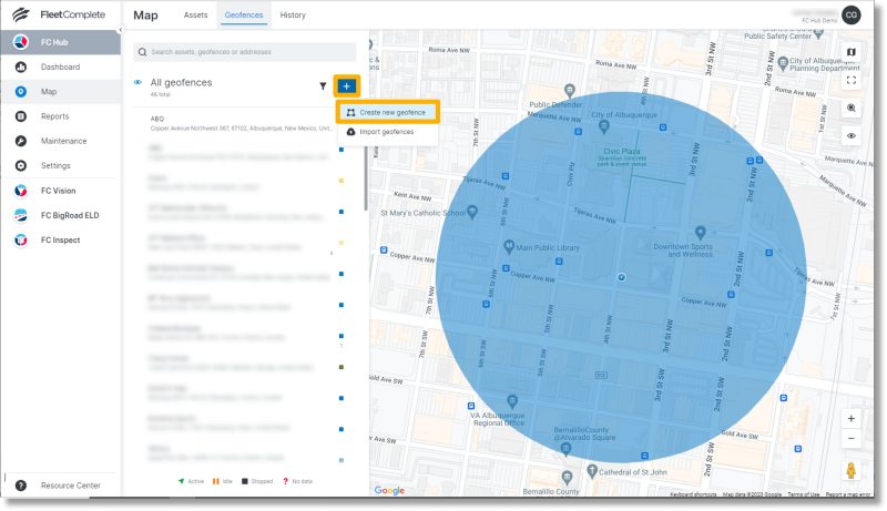 Click the plus sign and then click Create new geofence.