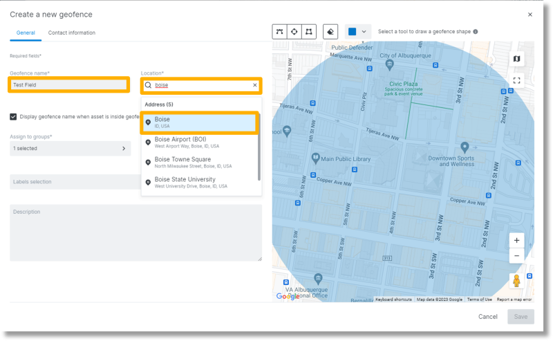 Type geofence name and location.