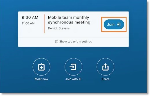 On the Rooms controller, tap Join next to the name of the scheduled meeting.