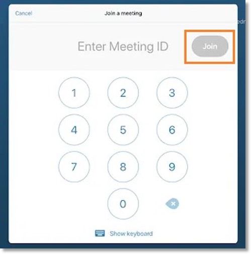 Enter the meeting ID, then tap Join on the monitor.