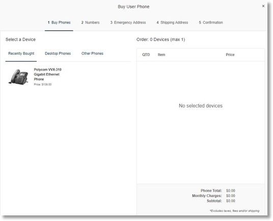 Select the phone you would like the user to utilize, choose the phone number, then provide the emergency address and shipping address.