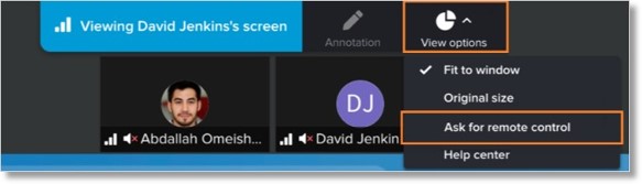 Click View options while a participant is sharing their screen, then select Ask for remote control.