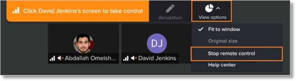 To end the remote control session, click View options > Stop remote control in the sharing toolbar at any time.