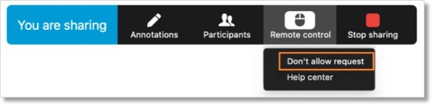 When sharing your screen during a meeting, you can choose to not allow remote control requests by clicking Remote control > Don’t allow request in the sharing toolbar.