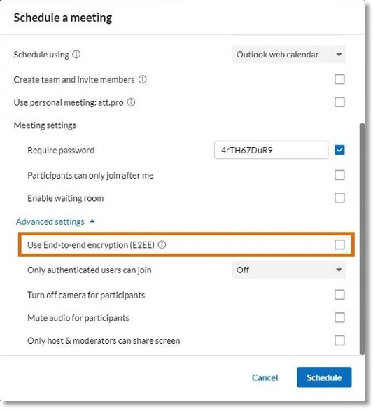 Click Advanced settings, then check the box for Use End-to-end encryption (E2EE). 