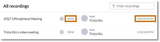 View the date and starting time of the recorded meeting.