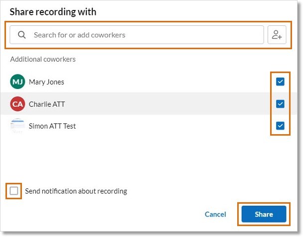 The recording is automatically added to the coworker’s list of recordings, accessible by clicking Video in the navigation bar, then Recordings at the top of the page.