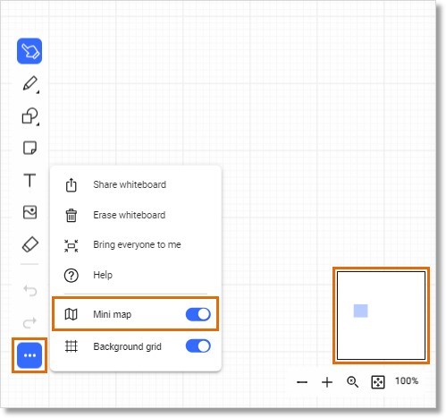 When you select the minimap, a thumbnail of the whiteboard canvas appears in the lower right corner.