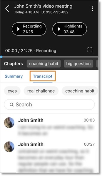 View and manage the AI-generated transcript and keywords