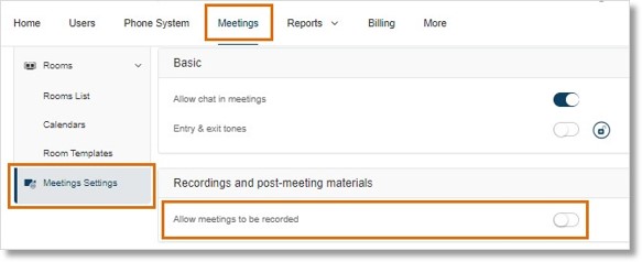 Scroll down to Recordings and post-meeting materials, then turn the toggle on next to Allow meetings to be recorded.