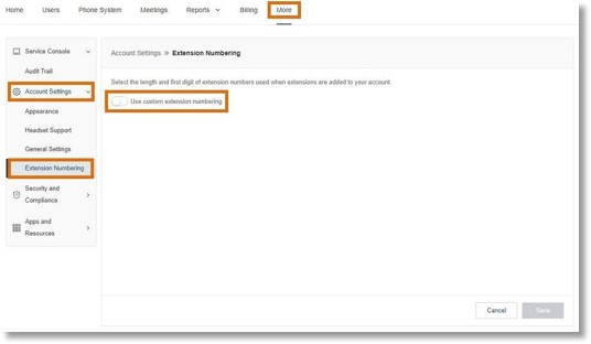 Turn the toggle next to Use customer extension numbering.