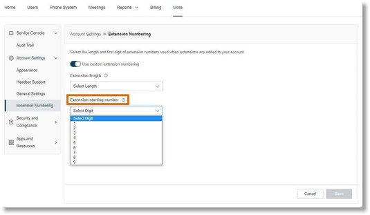 In the dropdown, select an Extension starting number.