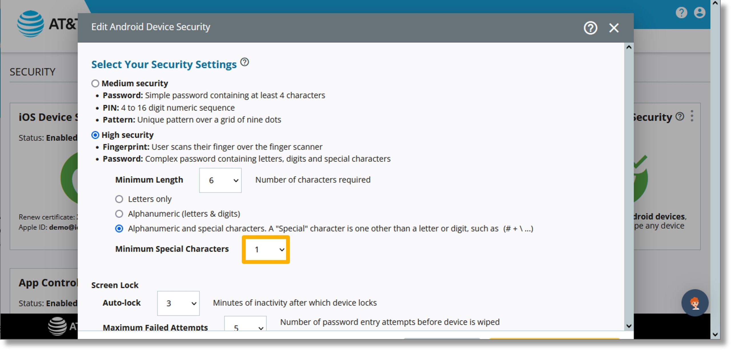 Change the Android Password Alphanumeric Character setting in AccessMyLAN -  Asecare