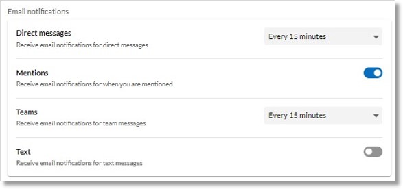 Image of the email notifications settings. 